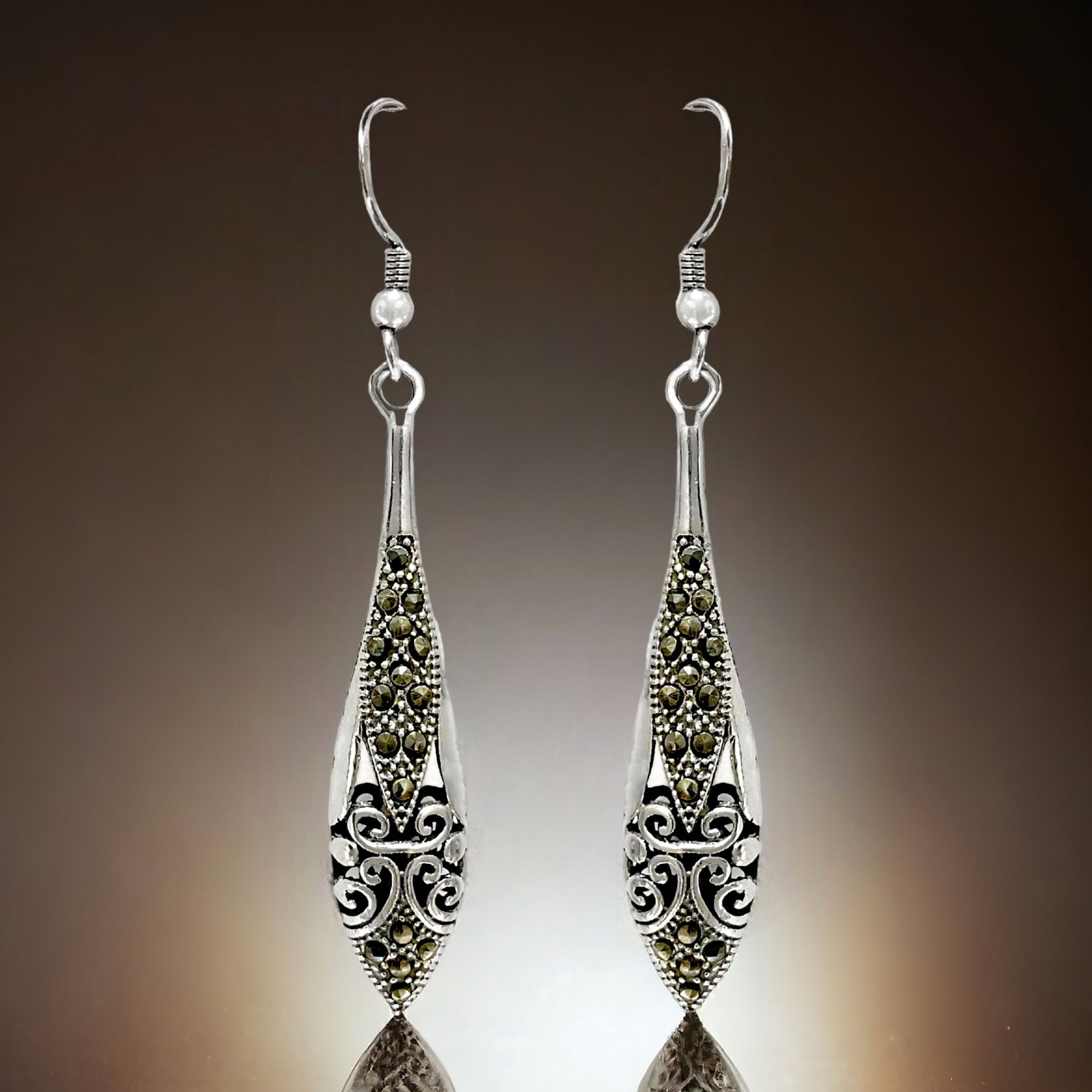 Intricate Marcasite Drop Earrings with Filagree details (1 of 1)