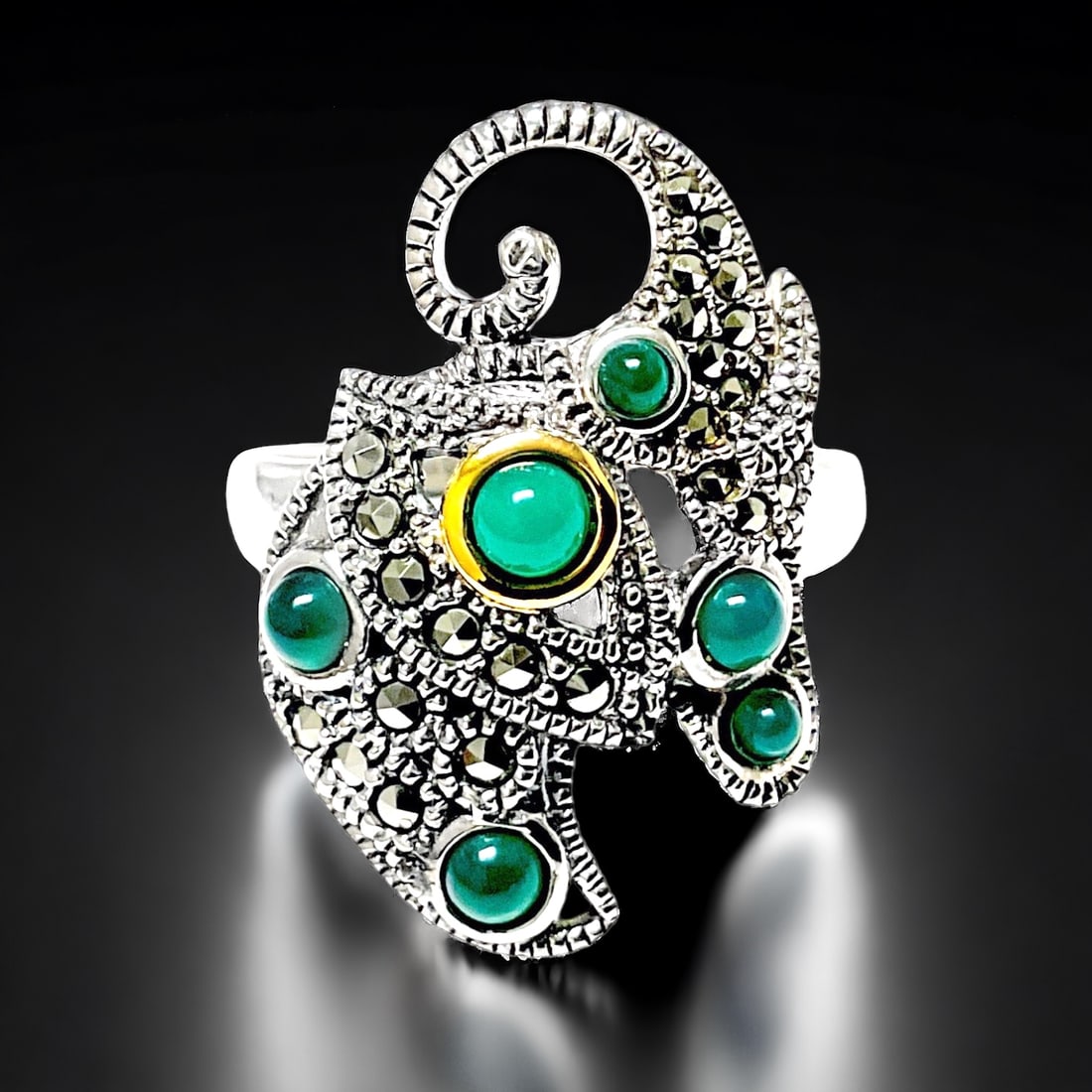 Elephant Ring set in 14K Gold & Sterling Silver adorned with Green Agate & Marcasite (1 of 1)