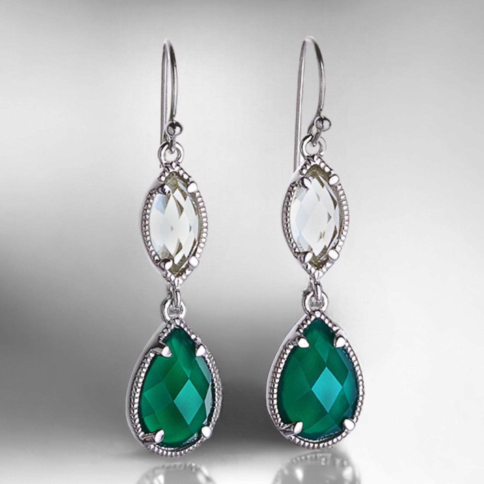 Intricate design Green Agate & Green Amethyst Drop Earrings set in Sterling Silver (1 of 1)