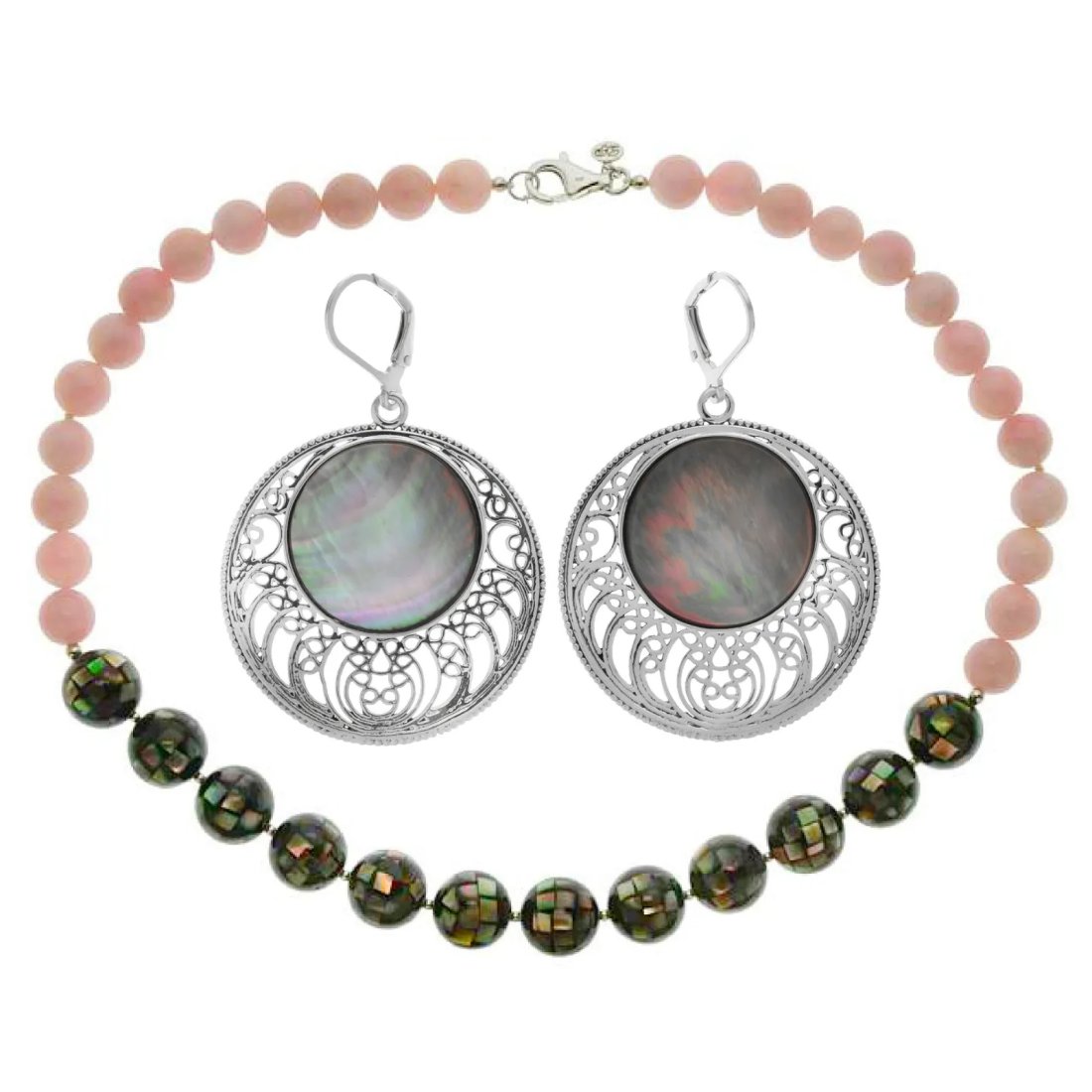Mosaic MOP & Moonstone Necklace and Black MOP Sterling Silver Earrings (1 of 1)