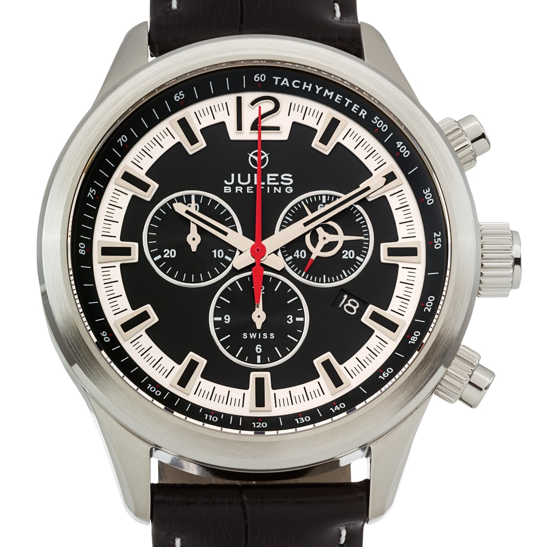 Jules Breting Nostromo: Swiss Chronograph: The Jules Breting Nostromo is a stunning timepiece that pays homage to the iconic sci-fi film ""Aliens"" and the vessel the crew inhabit. This Swiss Chronograph Watch is a 45mm masterpiece, featuring 