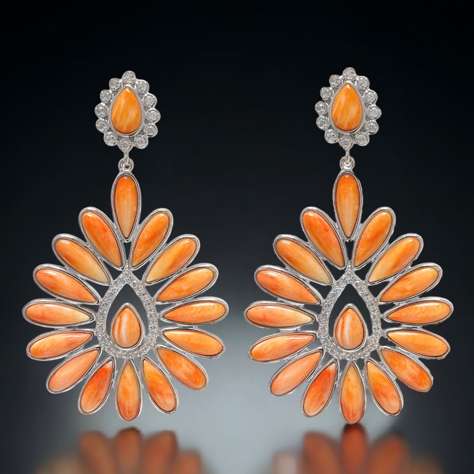Large Orange Spiny Oyster & White Topaz Sterling Silver Chandelier Earrings (1 of 1)