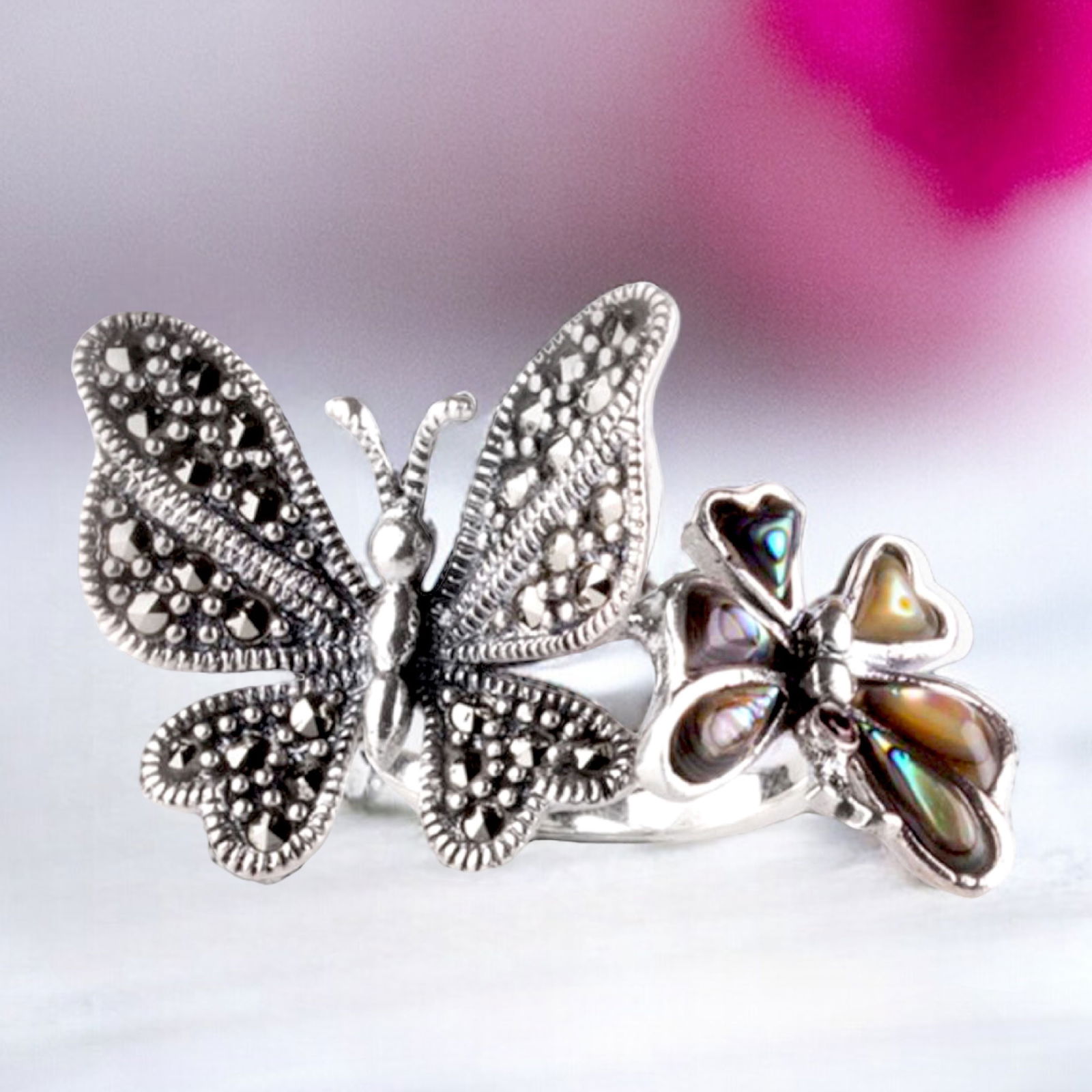 Double Butterfly Sterling Silver Ring: Abalone & Marcasite (1 of 1)