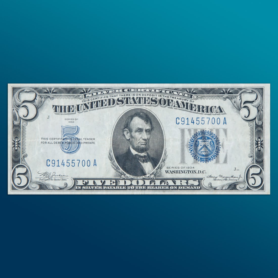 $5 Blue Seal Silver Certificate - Series of 1934: This Silver Certificate Features a Blue seal and serial numbers as well as the classic portrait of Abraham Lincoln. The reverse shows the Lincoln Memorial. This note is the last small-size $5 Silver C