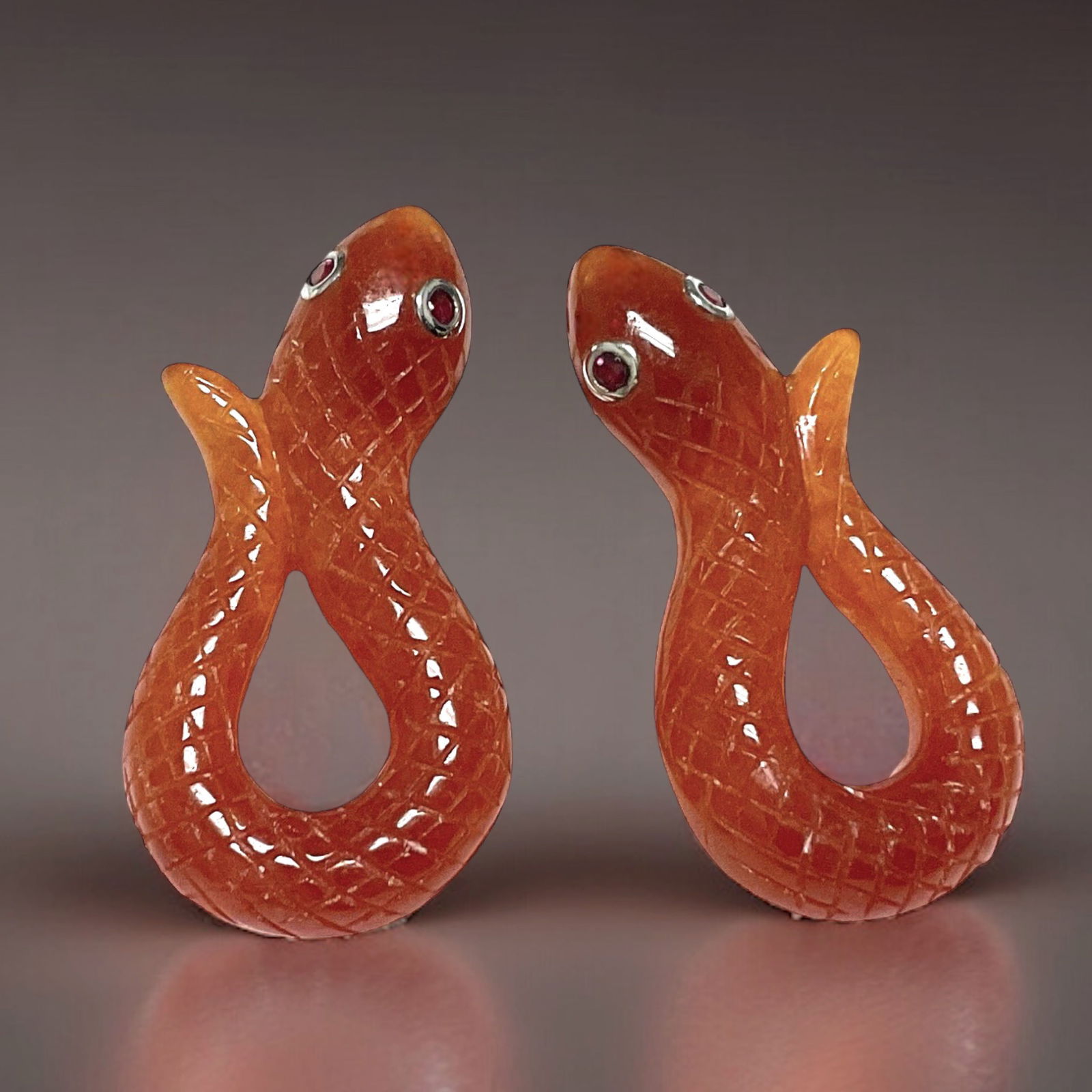 Carved Red Jade Snake Earrings with Garnet Eyes (1 of 1)