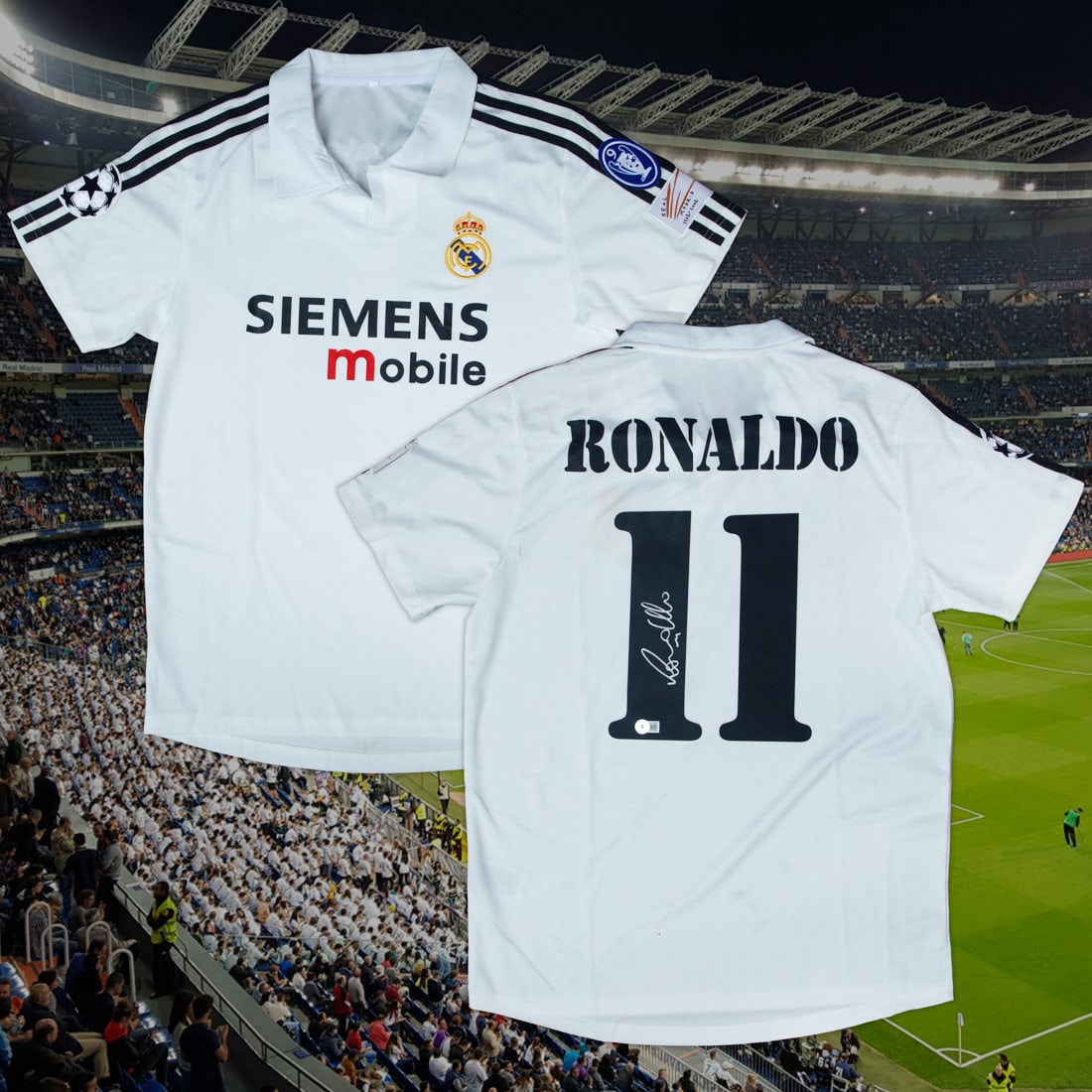 Ronaldo Nazario Signed Real Madrid White Jersey (Beckett) COA: Ronaldo Nazario Signed Real Madrid White Jersey (Beckett) COA — A Garment of Glory from 'El Fenómeno'. Up for auction is a one-of-a-kind, signed Real Madrid white home jersey graced by the autograp