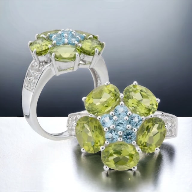 Peridot & Swiss Blue Topaz Flower Sterling Silver Ring Size 6 (1 of 1)