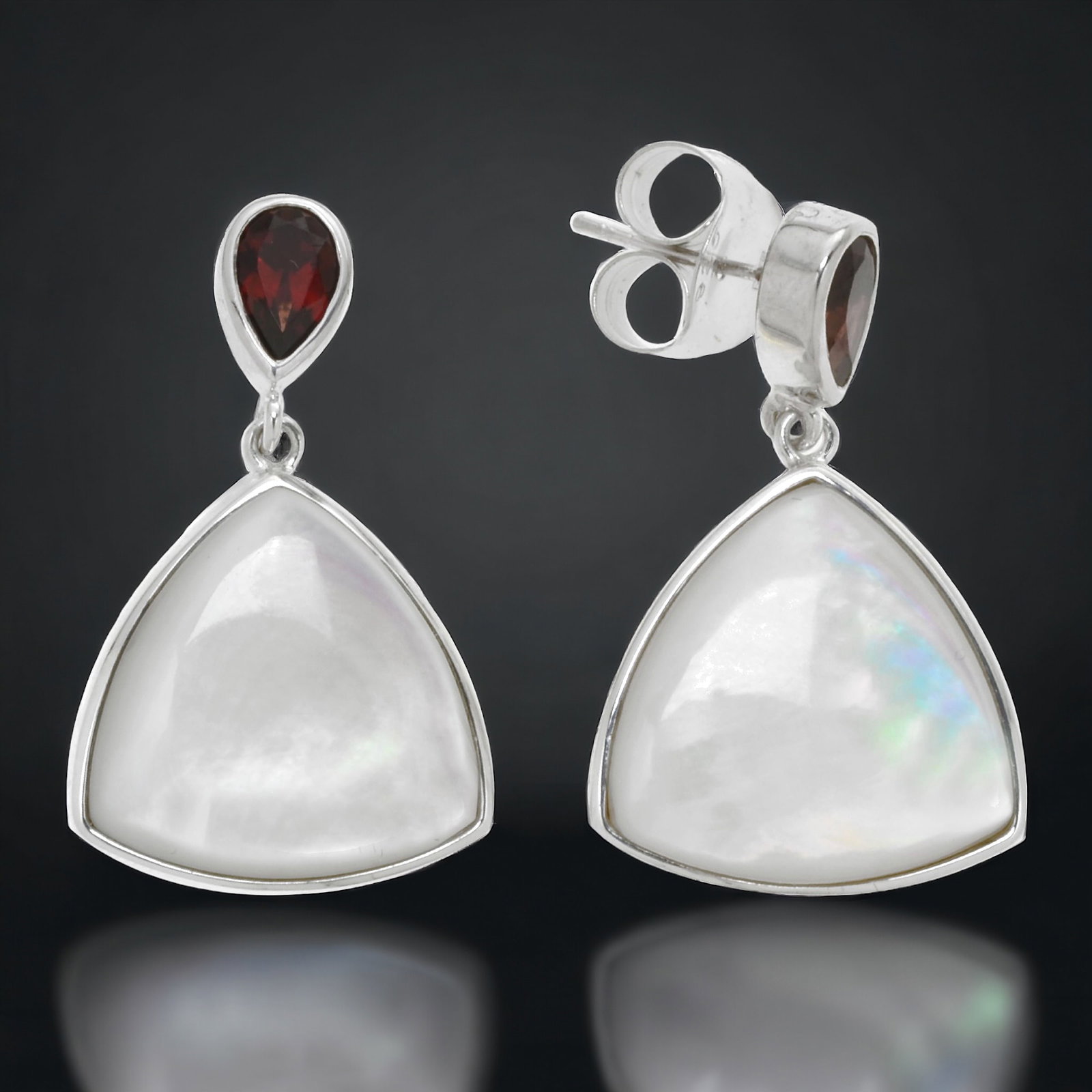 Mother of Pearl & Garnet Sterling Silver Drop Earrings: Product Details Item: Earrings Metal: Sterling Silver Gemstone: Genuine white Mother-of-pearl & Mozambique Garnet Approximate Measurements: Ring Size: Not Applicable Chain Length: Not Applicab