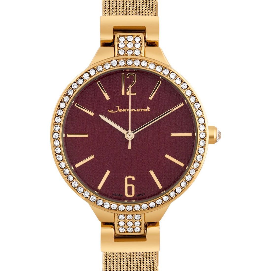 Jeanneret Elegant Ladies Dress Watch Golden Finish and Luxurious Crystals: Jeanneret Crystal Bezel 34mm: Textured dial adorned with polished hour markers and Czech crystals on bezel. Luminescent hands, screw-down case back, gold-tone mesh band. Stainless steel. Japan Quartz 