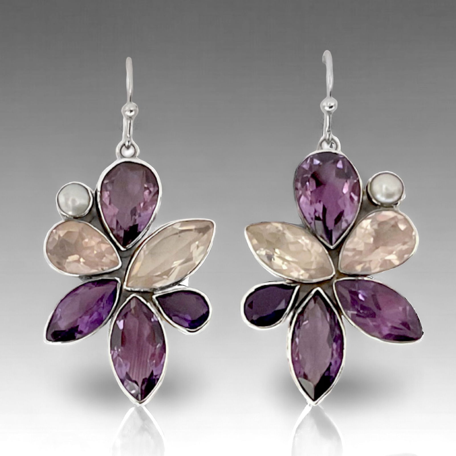 An array of sparkling Gemstones Sterling Silver Earrings:  Amythest, Rose Quartz, & Freshwater (1 of 1)