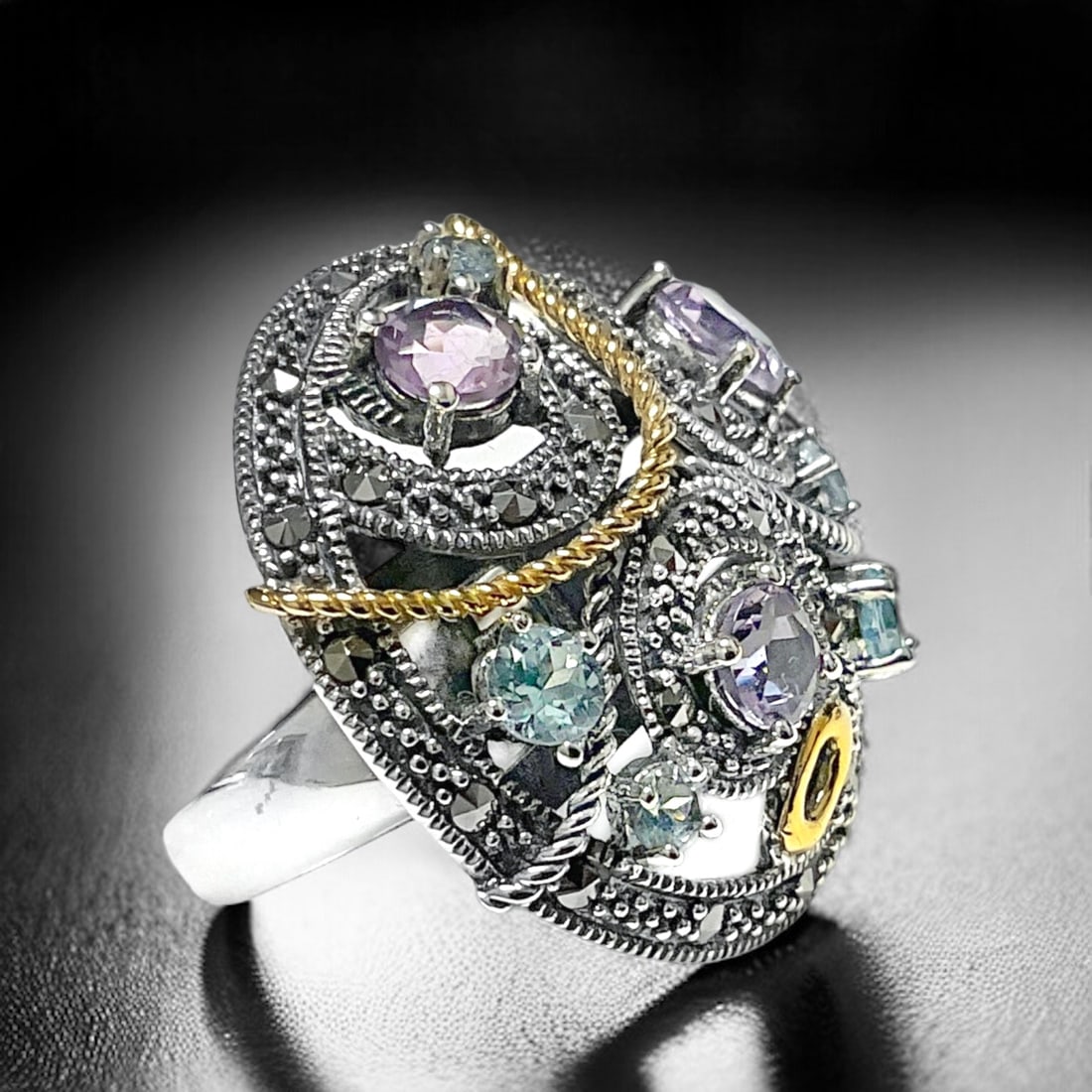 Expertly Crafted 14K Gold & Sterling Silver Ring with Amethyst, Sky Blue Topaz, & Marcasite Gems (1 of 1)