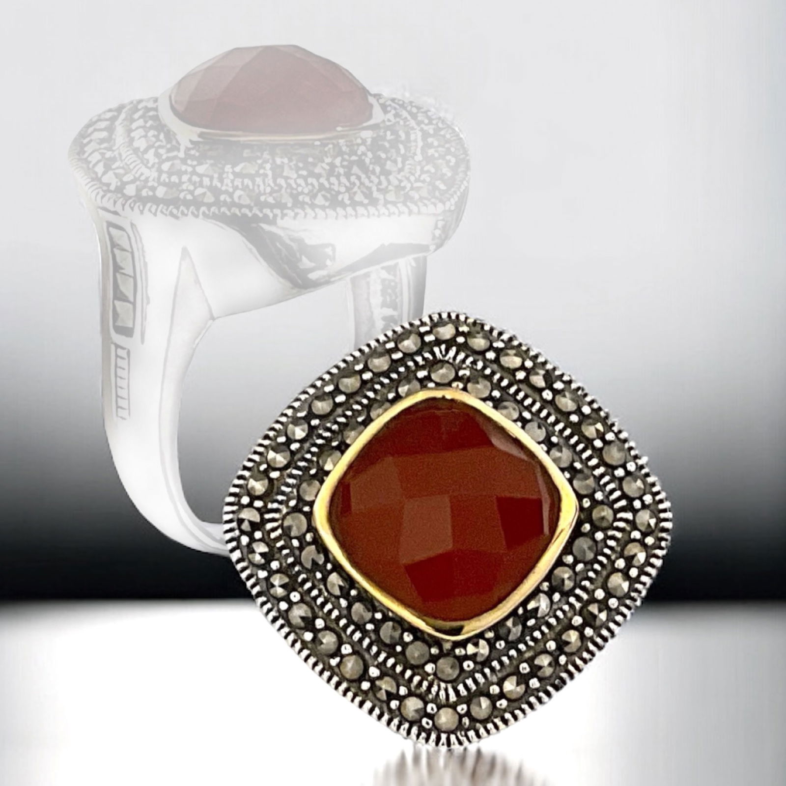 14K Gold & Sterling Silver Red Agate & Marcasite Ring (1 of 1)