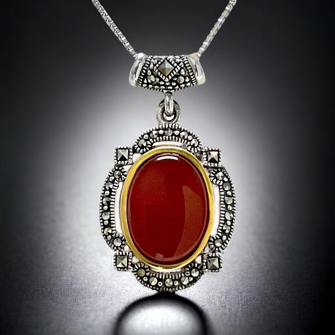 14K Gold & .925 Silver Pendant: Red Agate & Marcasite Gemstones (1 of 1)