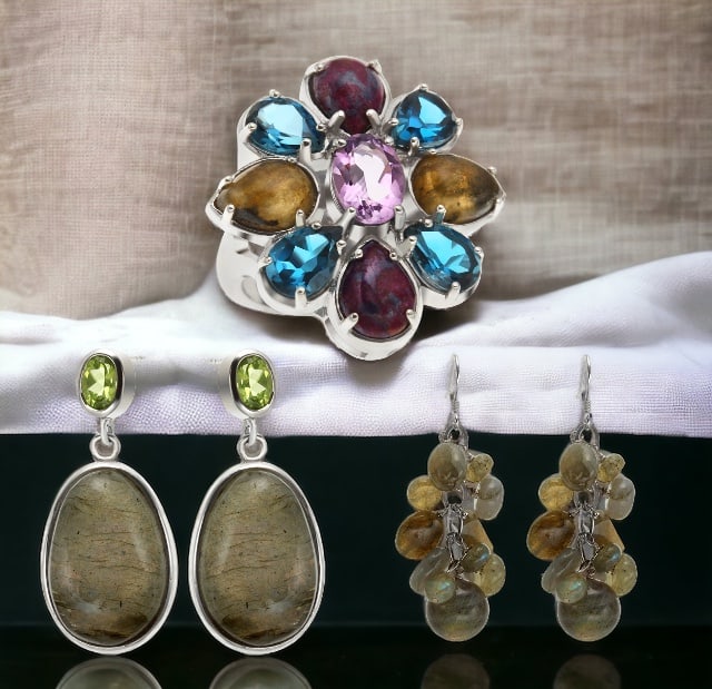 Labradorite and and Gemstone Jewelry: Immerse yourself in the mesmerizing world of labradorite with this exquisite jewelry collection. The earrings, adorned with peridot accents, and the beaded labradorite pair, exude an ethereal glow, ca