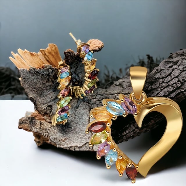 Multi Gemstones Heart Pendant & Earrings Ensemble (1 of 1)