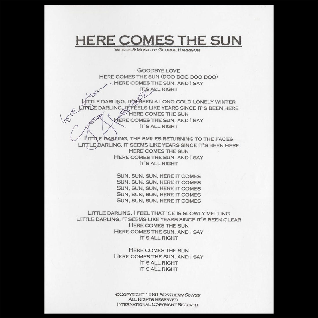 George Harrison Signed "Here Comes the Sun" Lyric Sheet – A Northern Songs 1969 Original (1 of 5)