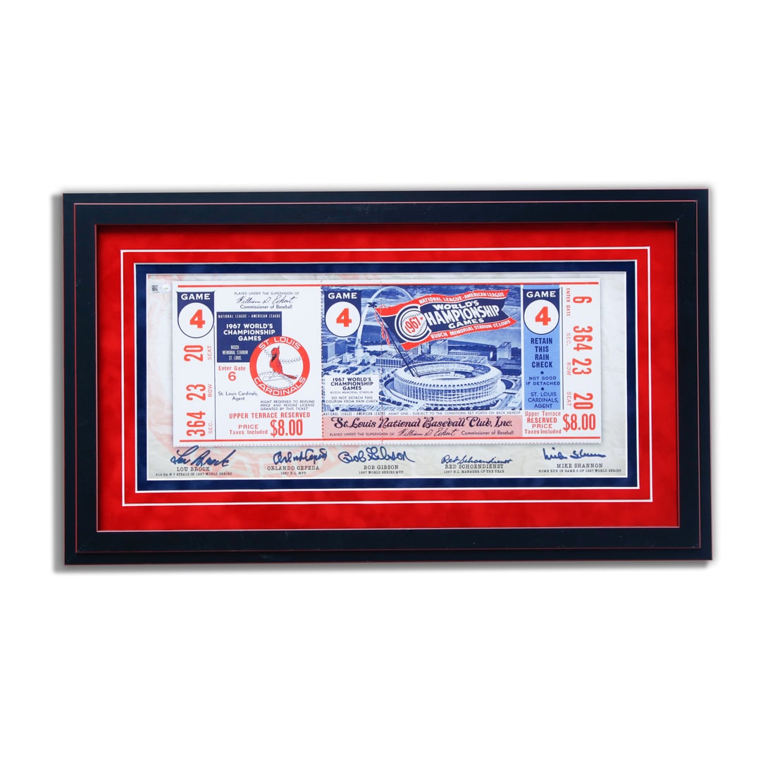 1967 Ticket - Signed by Brock, Cepeda,, Gibson, Schoendienst, & Shannon: Monumental 1967 St. Louis Cardinals World Championship Promotional Ticket - Iconically Signed by Brock, Cepeda, Gibson, Schoendienst, & Shannon. A distinguished piece of Major League Baseball history 