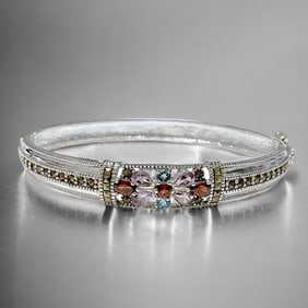 Multi-Gemstone and Marcasite Sterling Silver Hinged Bangle