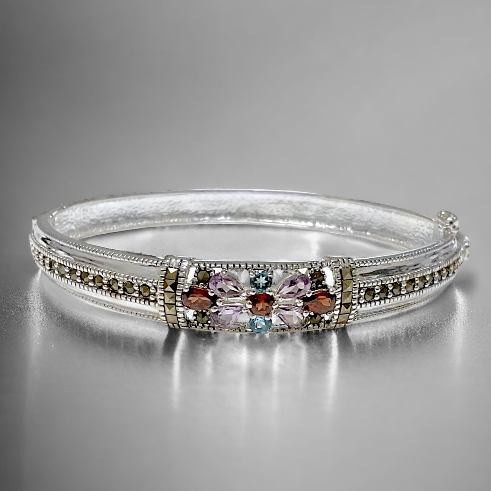 Multi-Gemstone and Marcasite Sterling Silver Hinged Bangle (1 of 1)