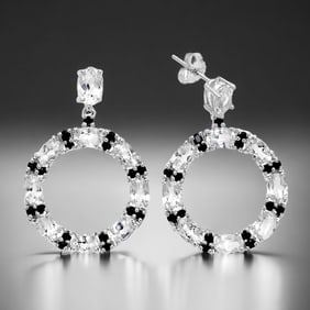 10.8ct White Topaz & Black Spinel Sterling Silver Hoop Earrings