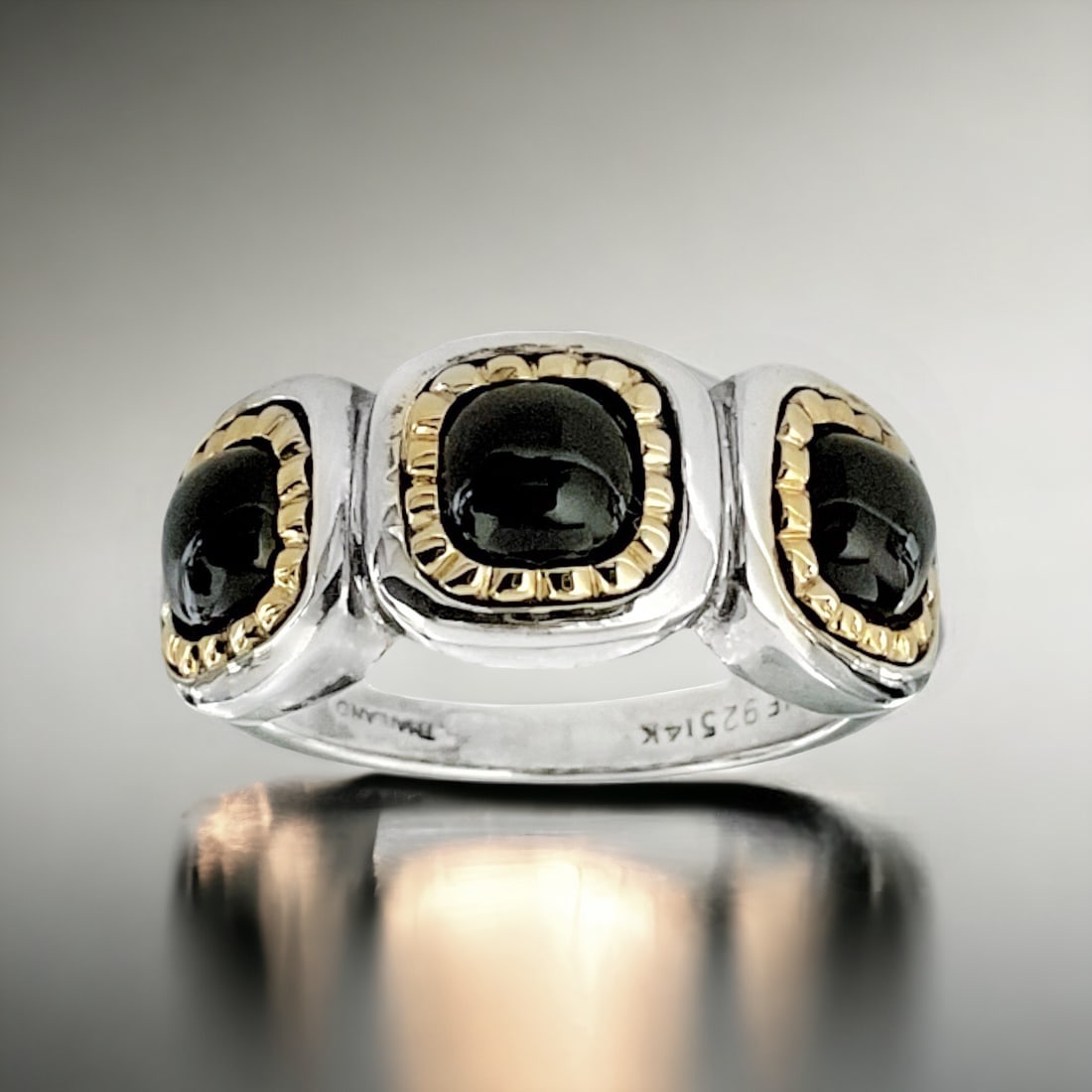 Black Onyx Delicately Wrapped in 14K Gold and Set in Sterling Silver - Size 7 (1 of 1)