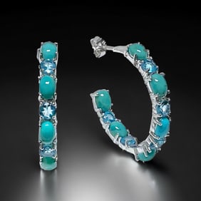 Turquoise & Blue Topaz Inside Out Sterling Silver Hoop Earrings