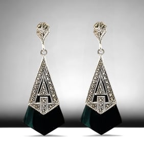 Art Deco Black Onyx & Marcasite Sterling Silver Dangle Earrings