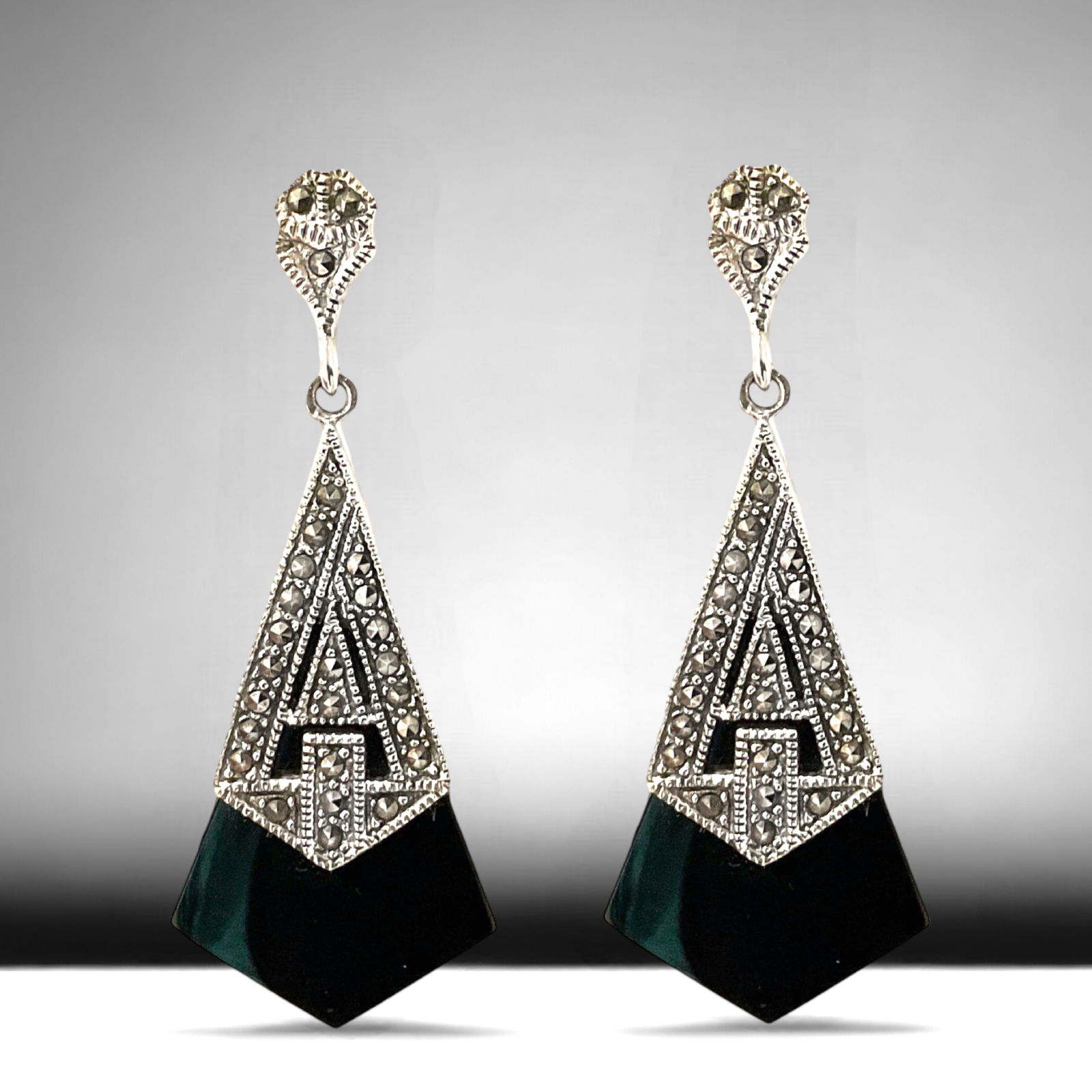 Art Deco Black Onyx & Marcasite Sterling Silver Dangle Earrings (1 of 1)