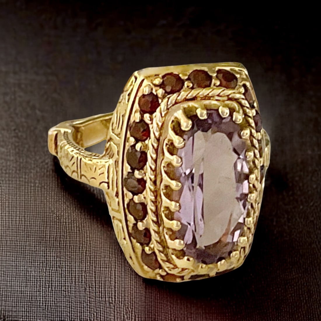 Vintage Design Amethyst & Garnet Gold over Sterling Silver Ring Size 7 (1 of 1)