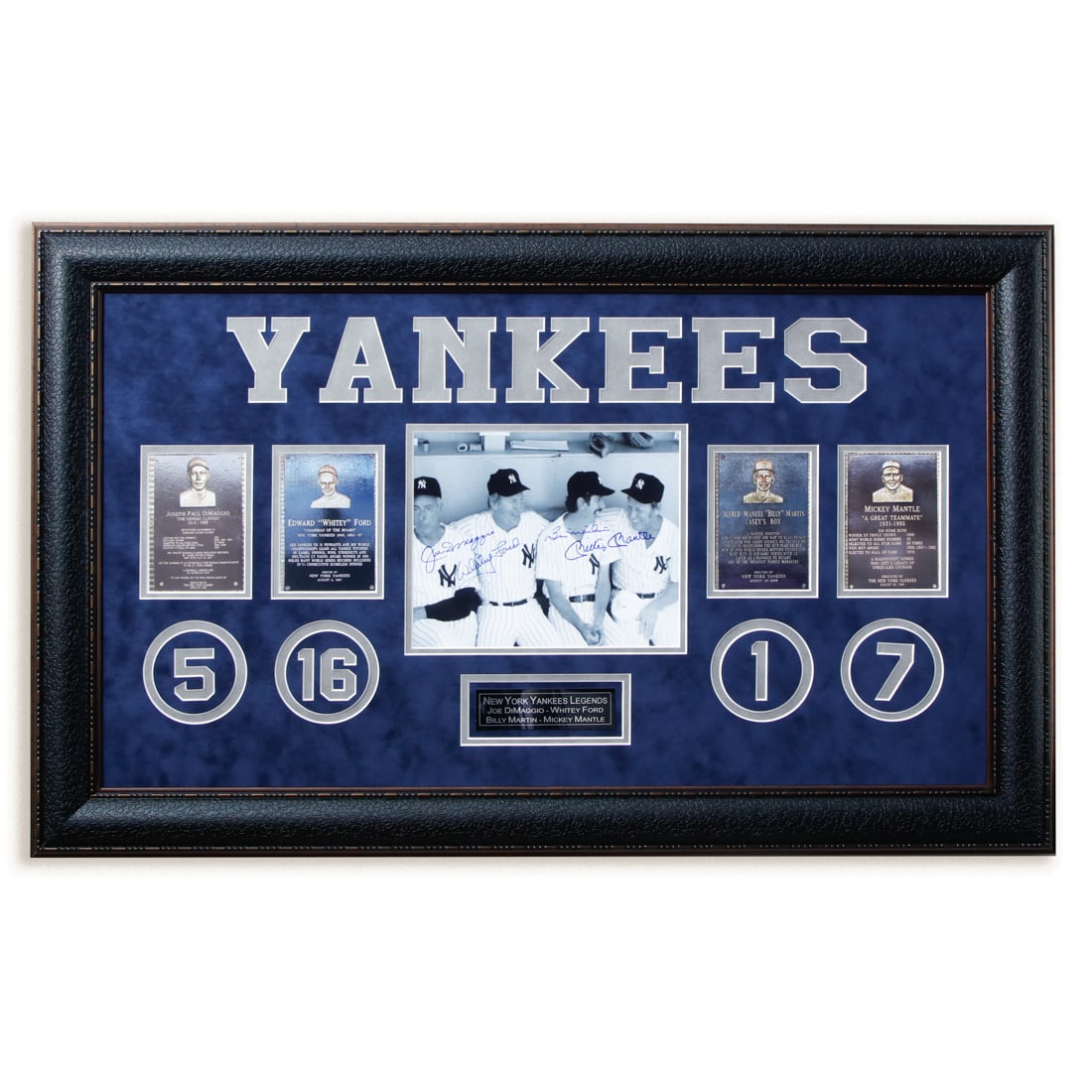 Yankee Legends DiMaggio, Mantle, Ford & Martin: New York Yankees Legends Joe DiMaggio, Mickey Mantle, Whitey Ford & Billy Martin Signed 8x10, Custom Framed 34x20. Presented for auction is a truly priceless piece of American sports history - an exqu