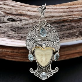 Artisan 14K Gold & Sterling Silver Carved Face Pendant