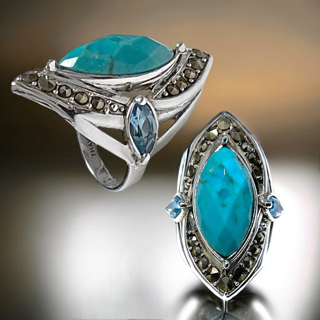 Marquise Turquoise Sterling Silver Ring with Blue Topaz & Marcasite - Size 7 (1 of 1)