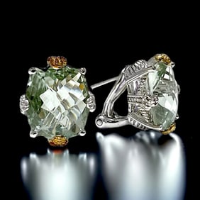 Green Amethyst Earrings surrounded by 14K Gold & Sterling Silver