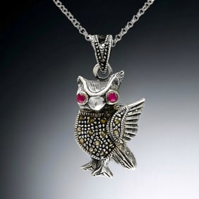 Charming Marcasite Owl Sterling Silver Pendant