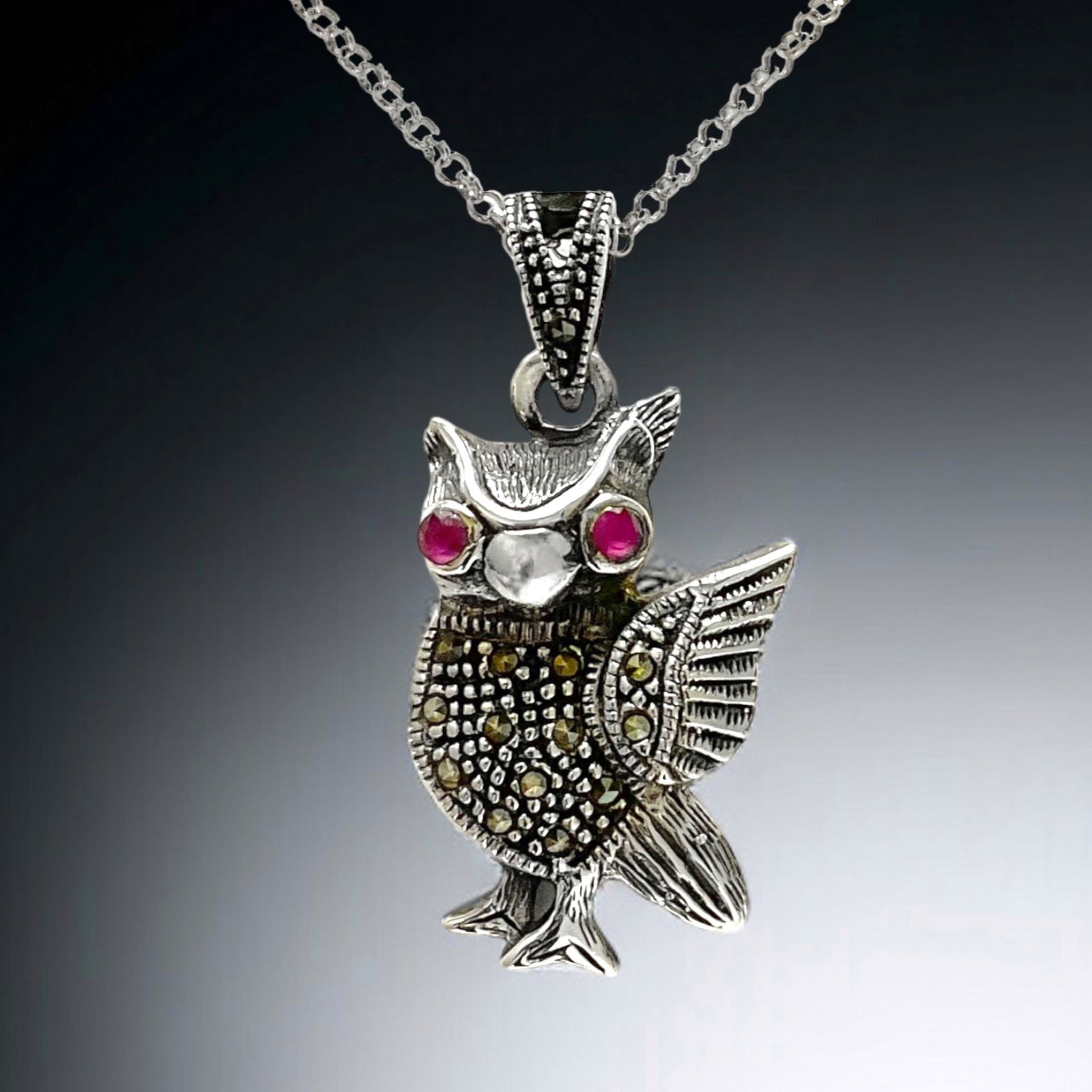 Charming Marcasite Owl Sterling Silver Pendant (1 of 1)