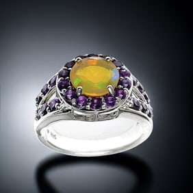 Radiant Ethopian Opal & Amethyst Sterling Silver Ring  Size 7