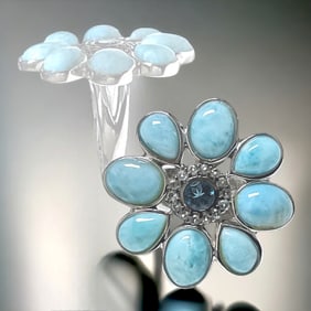 Sterling Silver Larimar & Blue Topaz Flower Ring Size 7