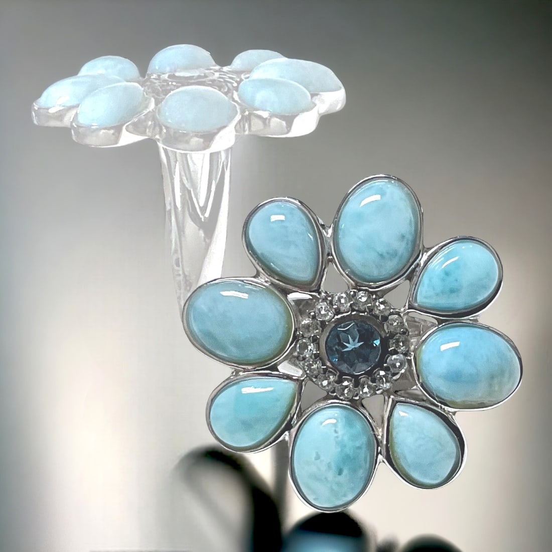 Sterling Silver Larimar & Blue Topaz Flower Ring Size 7 (1 of 1)