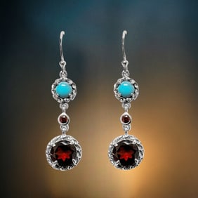 Luxurious Garnet & Turquoise Drop Earrings set in Sterling Silver