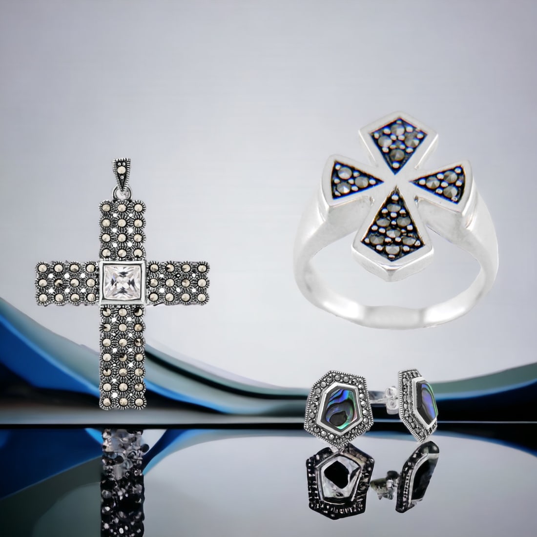 3 Piece Sterling Silver Marcasite Jewelry Collection (1 of 1)