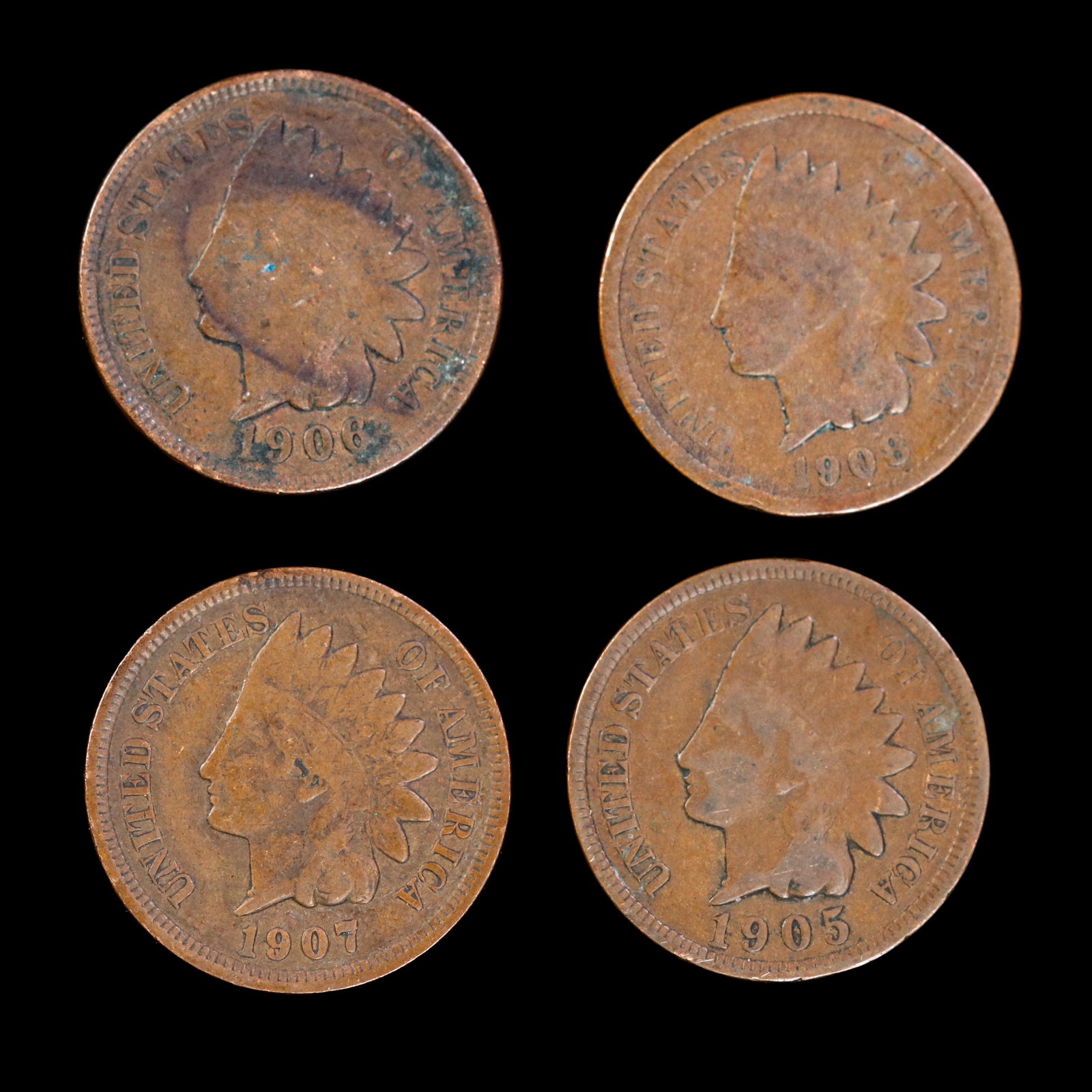 1905-1908 Indian Head Pennies Set of 4 (1 of 2)