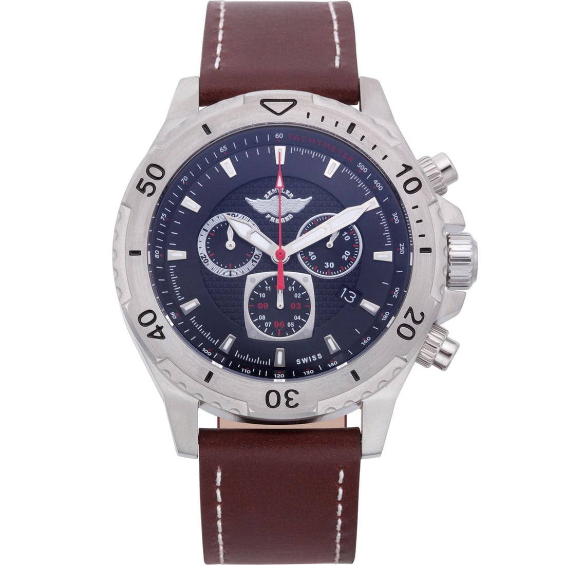 Zentler Freres Rodan: Swiss Chronograph: Swiss Chronograph 45mm: Swiss Ronda 5030.D Movement, anti-reflective sapphire crystal, luminescent hands. Surgical grade 316L stainless steel case, adjustable strap with stainless steel buckle, sophis
