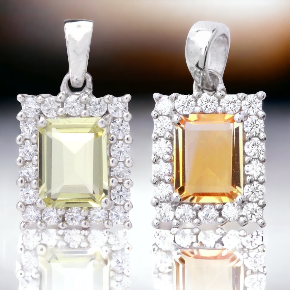 Radiant Citrine and Lemon Topaz Pendant Duo: Illuminate your look with this captivating pendant duo. Crafted in sterling silver, the Lemon Topaz and Citrine pendants gleam with a sunny brilliance, exuding warmth and positivity. Adorned with deli