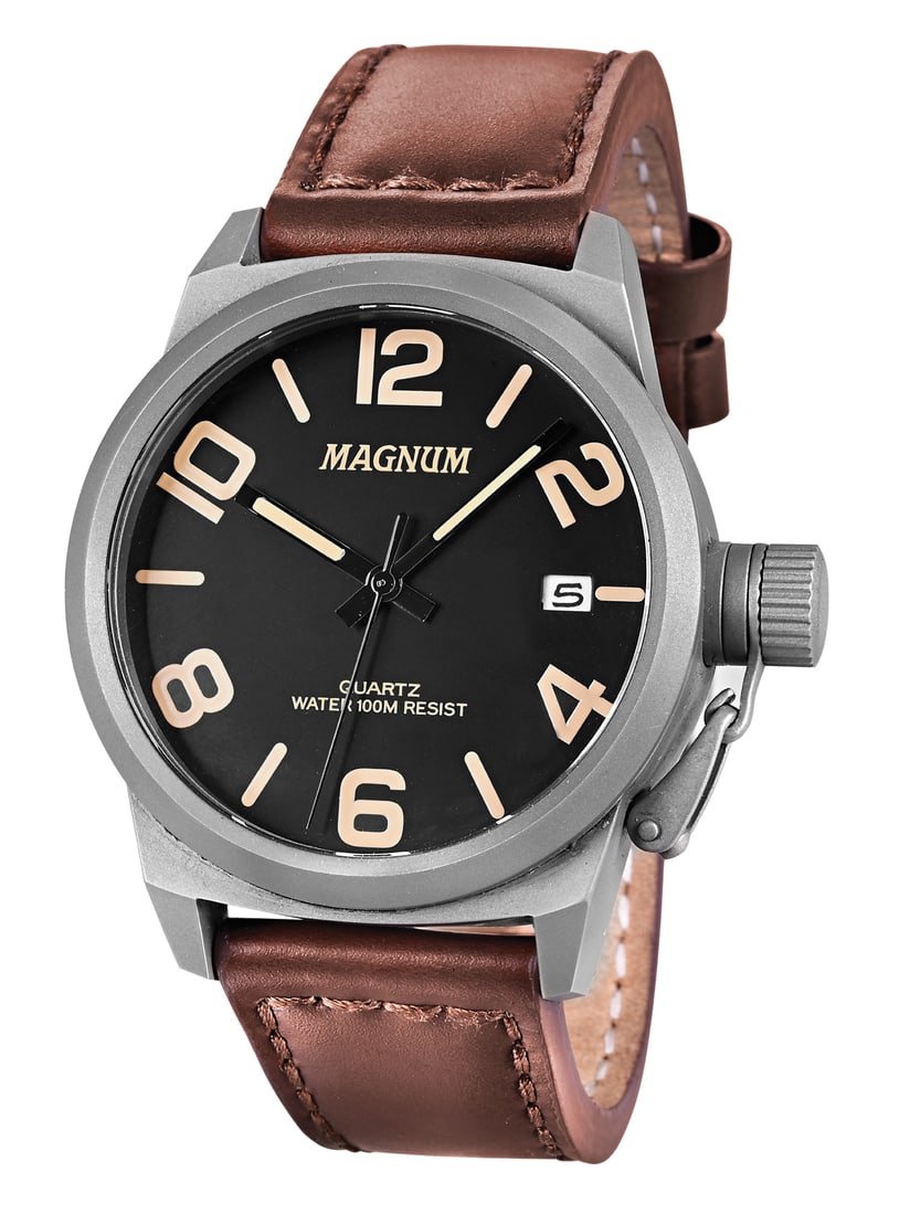 Magnum Tutor with Canteen Crown: 42mm Men's Magnum Tutor Quartz Watch: A contemporary classic with a 41mm dial window, 14mm thick case, 3-hand movement, date feature, and durable leather strap.