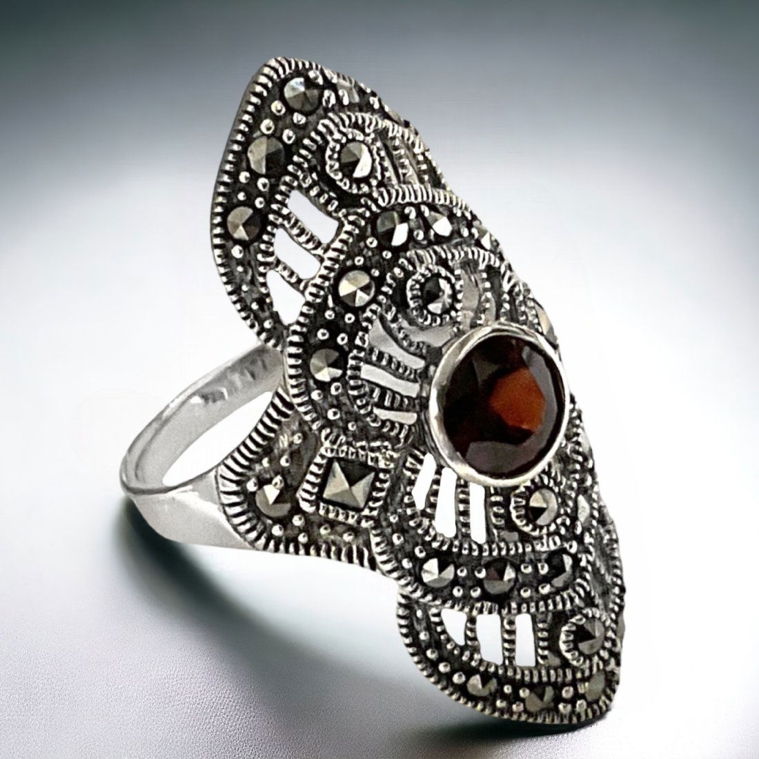 Art Deco Statement Sterling Silver Marcasite and Garnet Ring Size 7 (1 of 1)