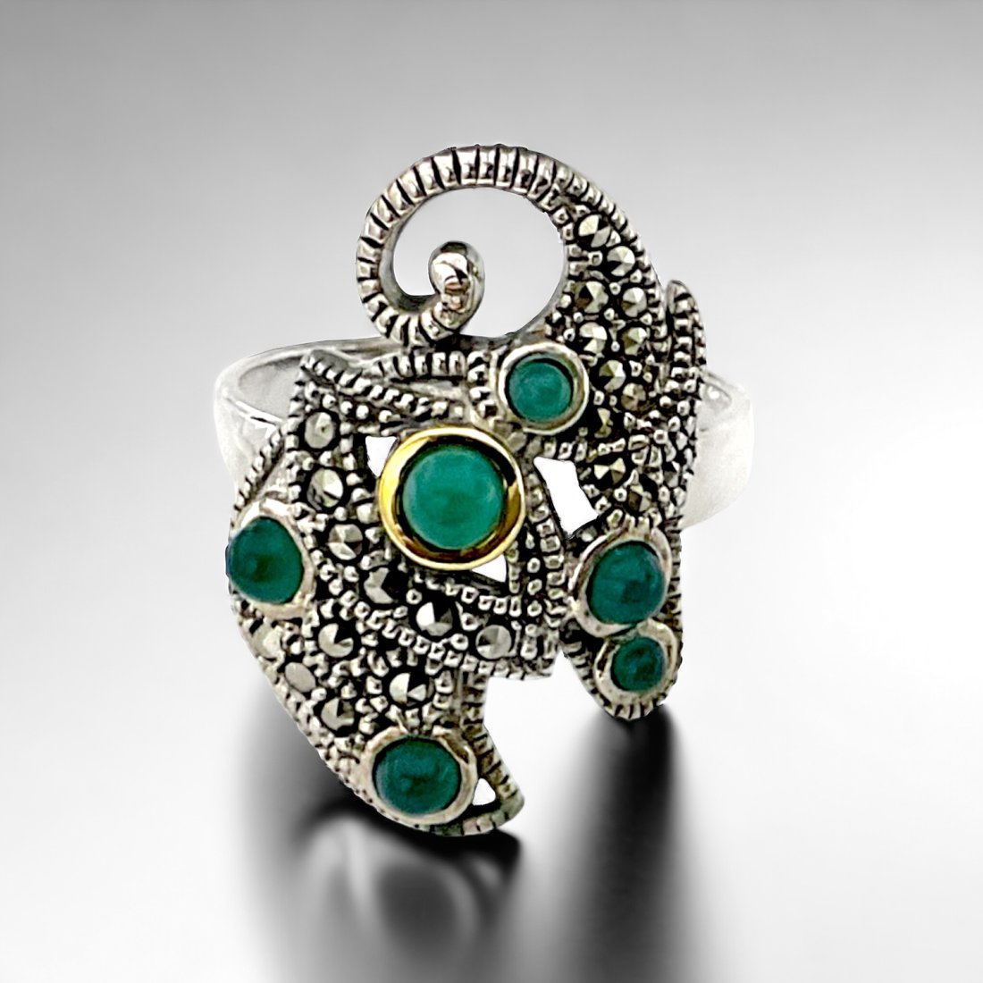 Elegant Elephant 14K Gold & Sterling Silver Green Agate & Marcasite Ring - Size 9 (1 of 1)