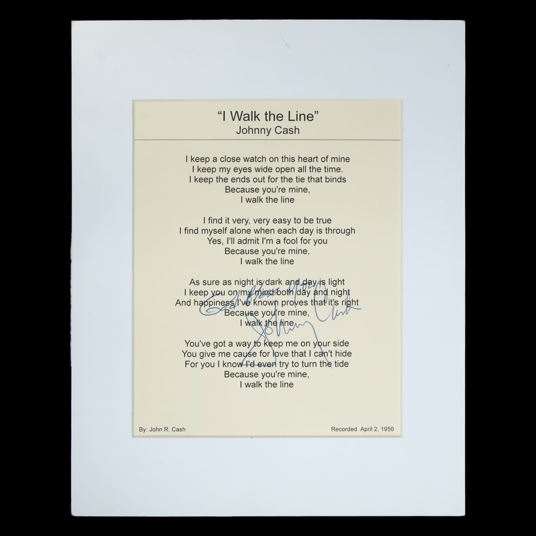 Johnny Cash Signed "I Walk The Line" Lyric Sheet (1 of 4)