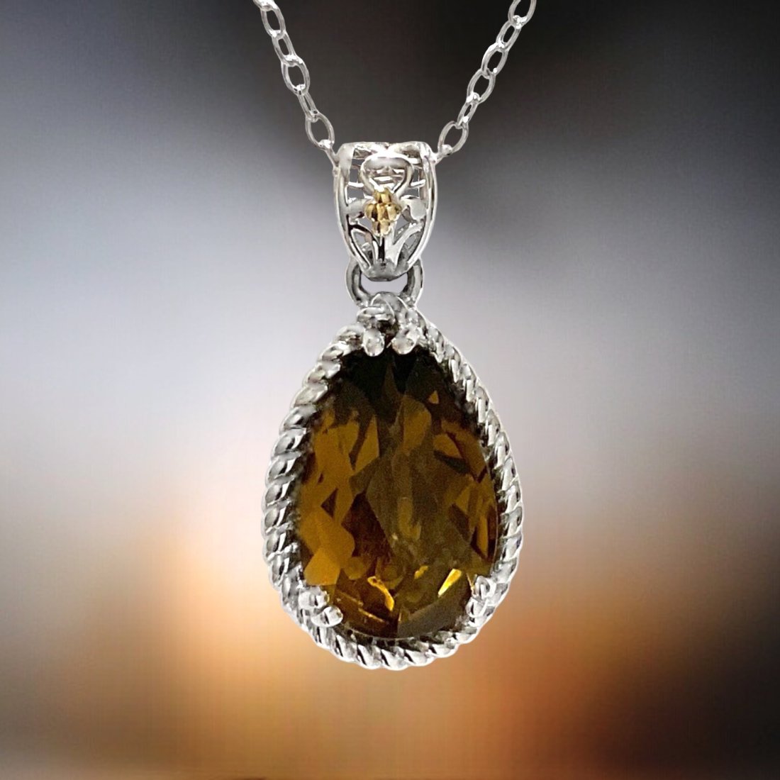 Pear shaped Whiskey Quartz Pendant with detailed Sterling Silver setting (1 of 1)