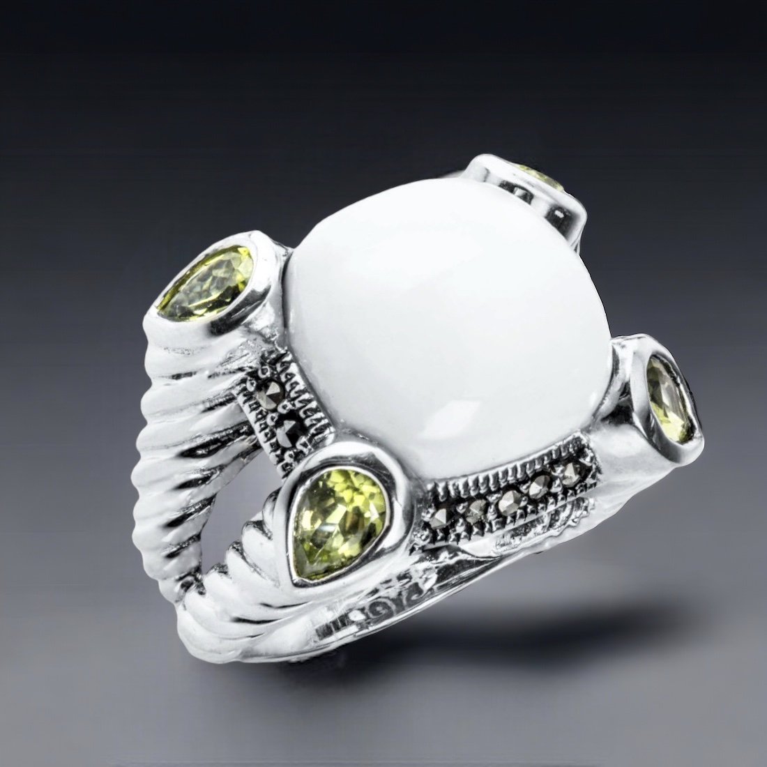 Expertly crafted White Agate Ring with Peridot & Marcsite set in Sterling Silver (1 of 1)