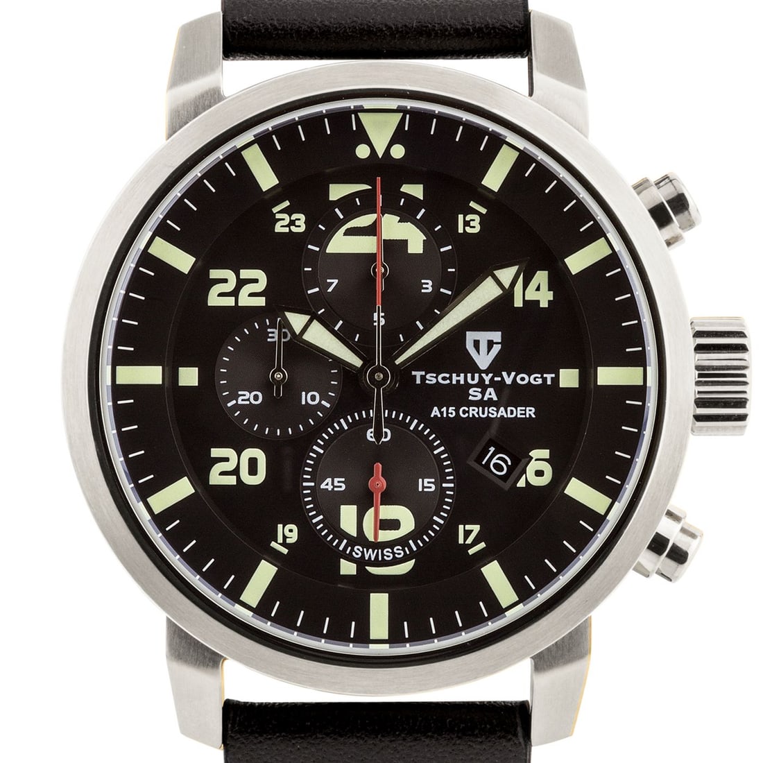 Tschuy-Vogt A15 Crusader: Swiss Chronograph: Introducing the Tschuy-Vogt A15 Crusader, a robust timepiece inspired by the Tank, Cruiser, Mk VI or A15 Crusader, one of the iconic British cruiser tanks of World War II. This watch boasts a solid 31
